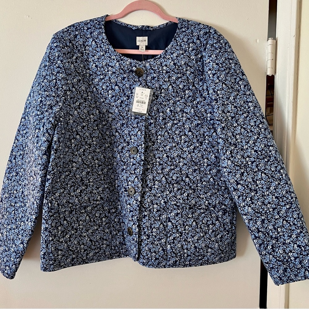 NWT J CREW size 16 QUILTED blue floral button front jacket